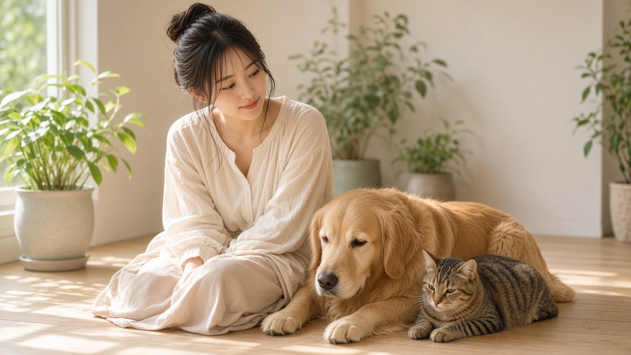 明るい室内で、犬と猫のそばに座る女性