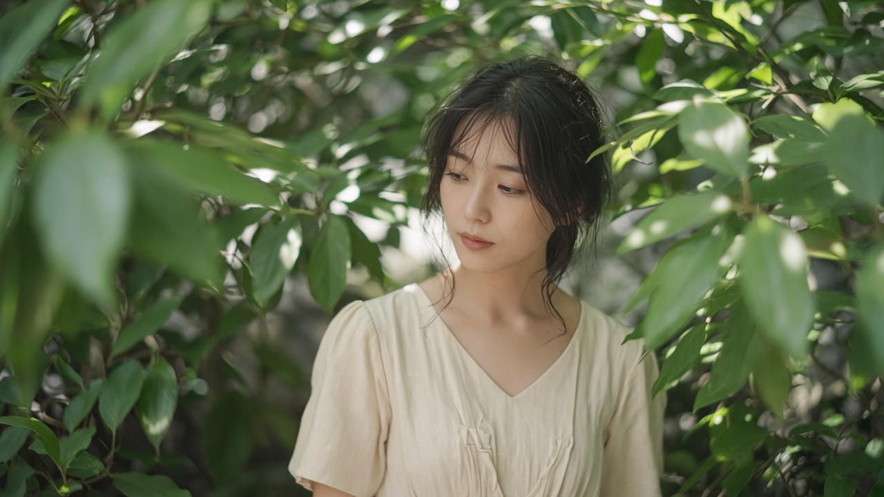 緑の葉の中に立つ女性